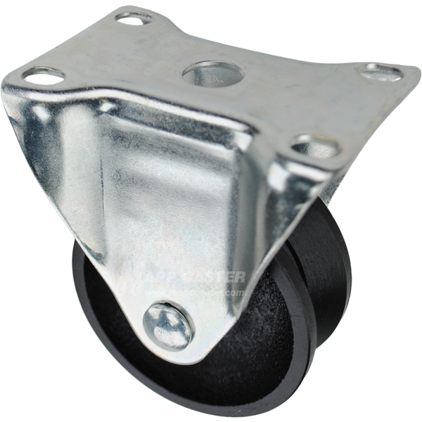 Rigid caster with a 3 inch black cast iron v-groove wheel and O1 mounting plate