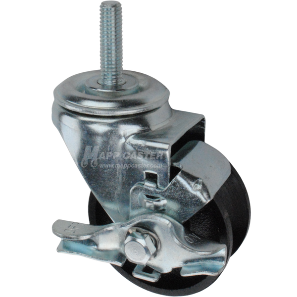 Caster wheel with brake, a black cast iron tire and metal stem thread