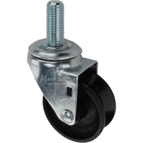 Caster wheel with a black cast iron v-groove tire and metal stem thread