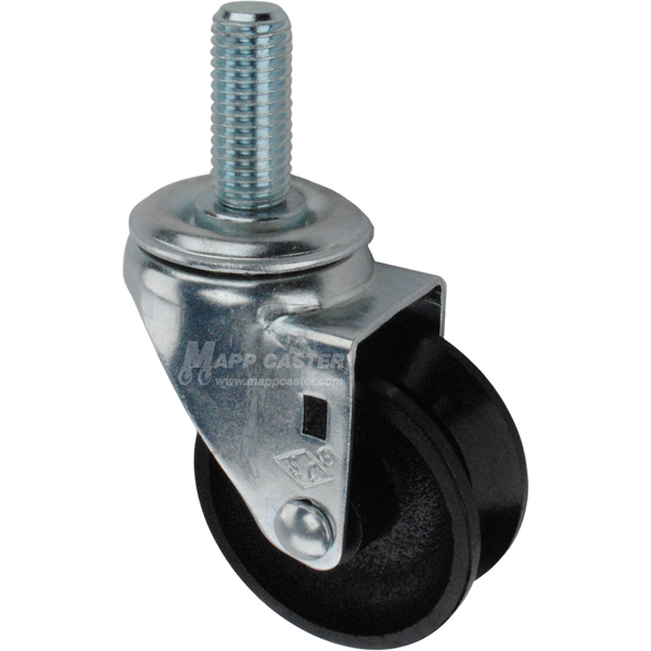 Caster wheel with a black cast iron v-groove tire and metal stem thread