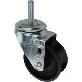 Caster wheel with a black cast iron v-groove tire and metal stem thread