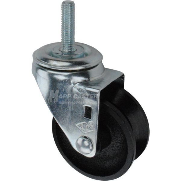 Caster wheel with a black cast iron v-groove tire and metal stem thread