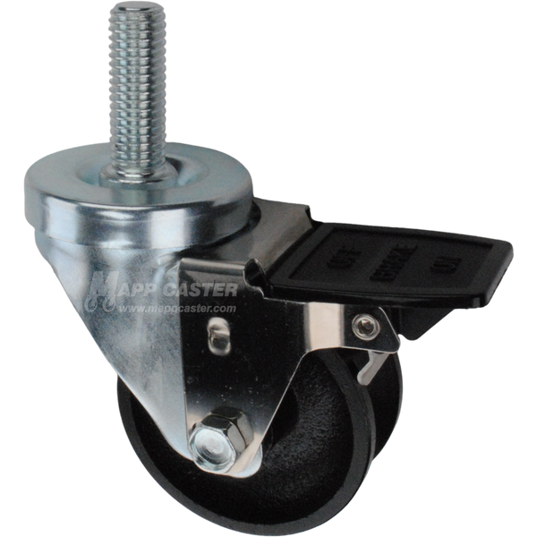 Caster wheel with face contact brake, a 3 inch black cast iron v-groove track wheel and 1-3/4 inch metal threaded stem