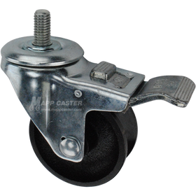 Caster wheel with a total lock brake, a 3 inch black cast iron v-groove track wheel and 1 inch metal threaded stem