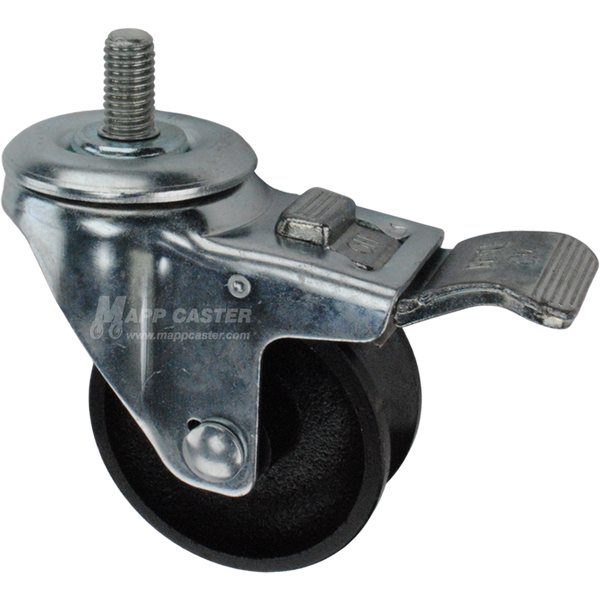 Caster wheel with a total lock brake, a 3 inch black cast iron v-groove track wheel and 1 inch metal threaded stem
