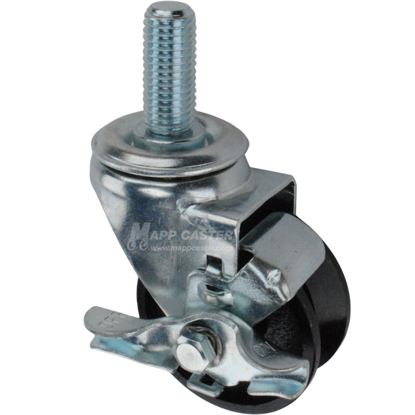 Caster wheel with brake, a black cast iron tire and metal stem thread