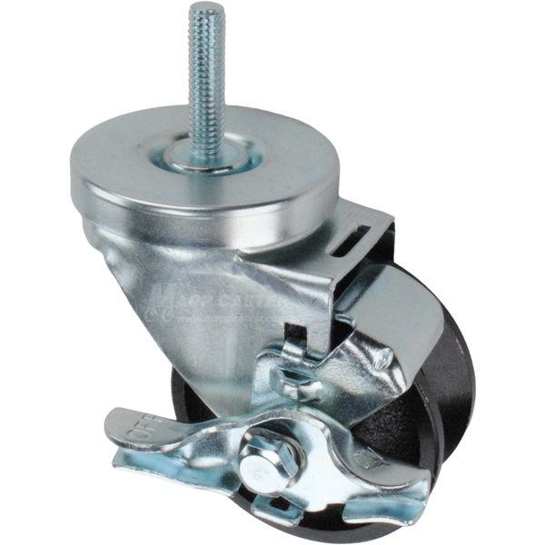 Caster wheel with brake, a black cast iron v-groove tire and metal stem thread