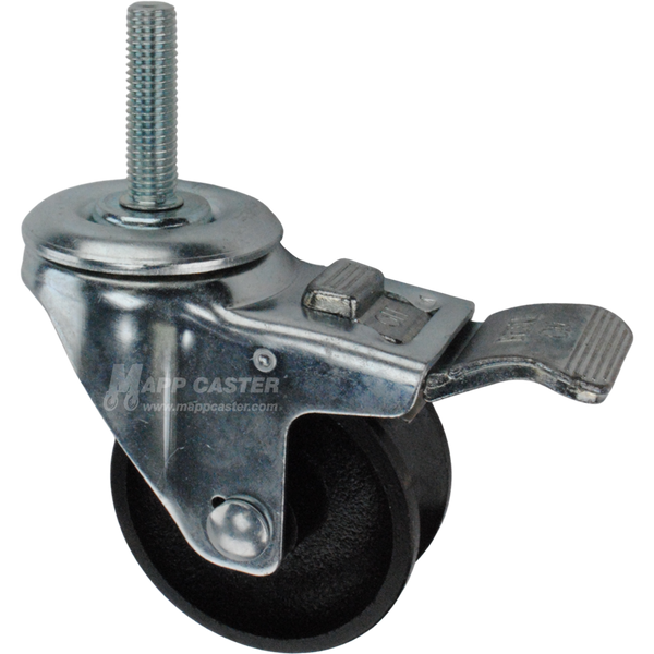 Caster wheel with a total lock brake, a 3 inch black cast iron v-groove track wheel and 1-3/4 inch long 12mm metal threaded stem