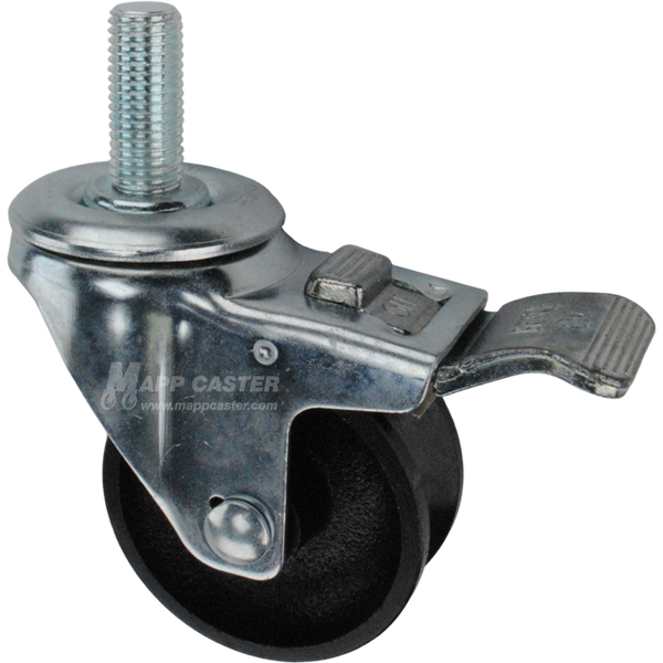 Caster wheel with a total lock brake, a 3 inch black cast iron v-groove track wheel and 1-1/2 inch long 16mm metal threaded stem
