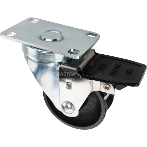 Swivel caster with face contact brake, a 3 inch black cast iron v-groove wheel and O1 metal plate