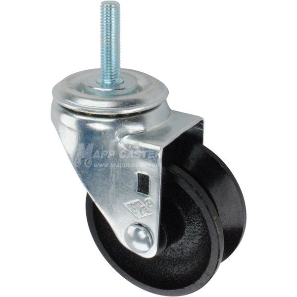 Caster wheel with a black cast iron v-groove tire and metric metal stem thread