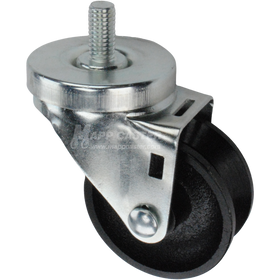 Caster wheel with a black cast iron v-groove tire and metal stem thread