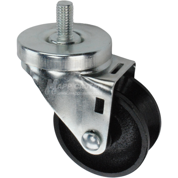 Caster wheel with a black cast iron v-groove tire and metal stem thread