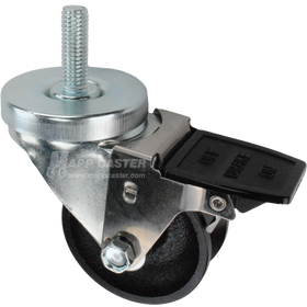 Caster wheel with face contact brake, a 3 inch black cast iron v-groove track wheel and 1-1/2 inch metal threaded stem