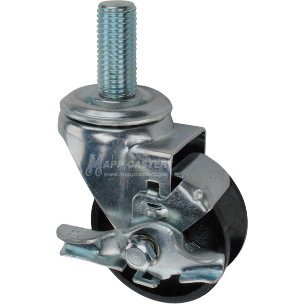 Caster wheel with brake, a black cast iron tire and metric metal stem thread