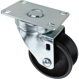Swivel caster with a 3 inch black cast iron v-groove wheel and O1 metal plate
