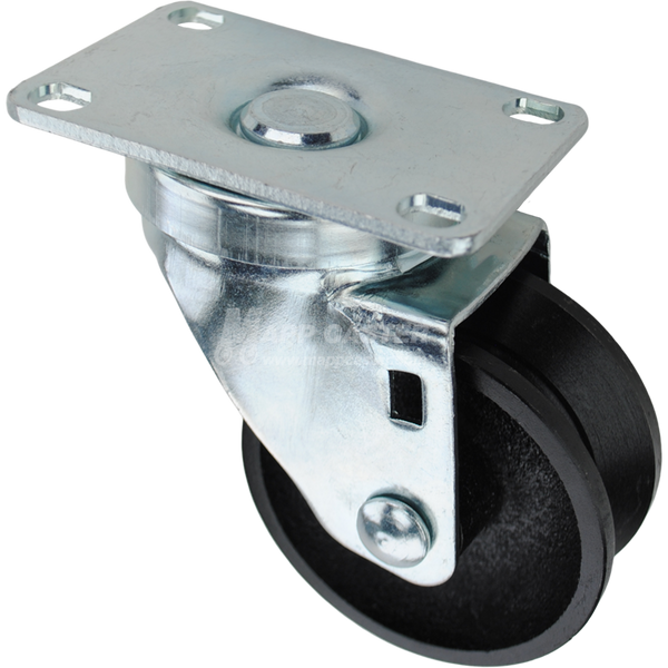 Swivel caster with a 3 inch black cast iron v-groove wheel and O1 metal plate