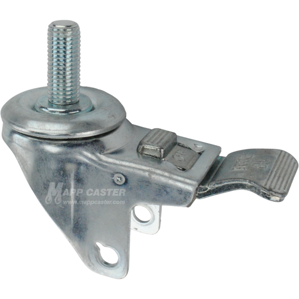 A bright zinc plated swivel caster rig with a total lock brake and a 1-1/2 inch long 16 mm threaded stem, showing a double ball raceway.