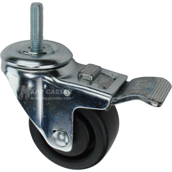 Caster wheel with a total lock brake, a 3 inch black plastic wheel and 1-1/2 inch metal threaded stem
