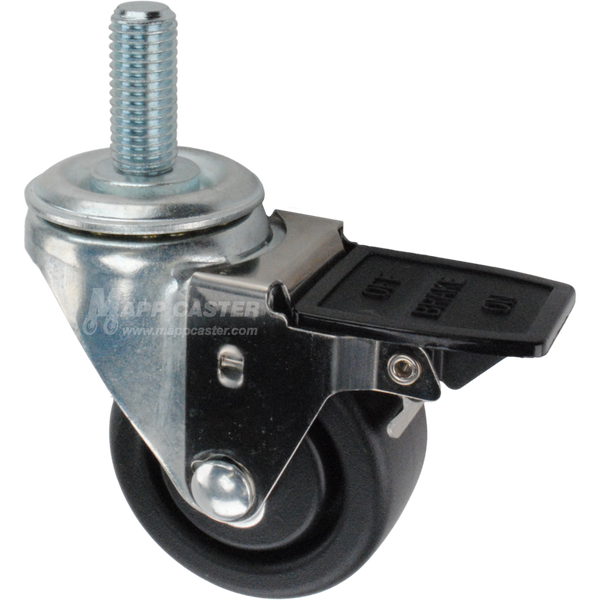 Caster wheel with face contact brake, a 3 inch black plastic wheel and 1-3/4 inch metal threaded stem