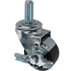 Metal caster plastic wheel with a top lock brake and threaded stem at the top