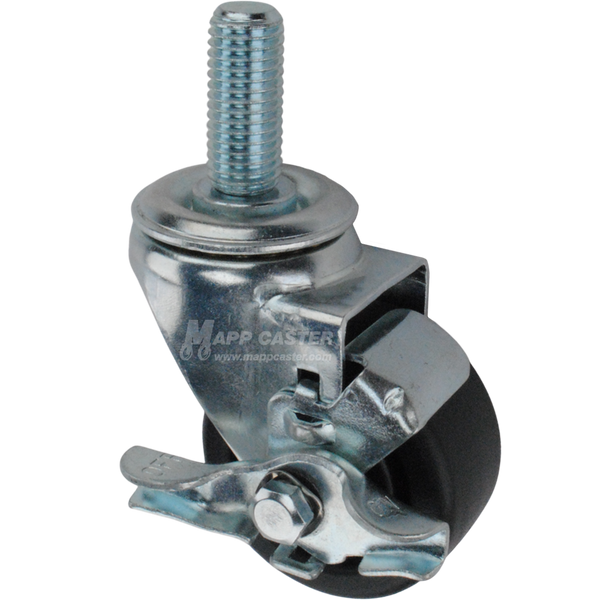 Metal caster plastic wheel with a top lock brake and threaded stem at the top