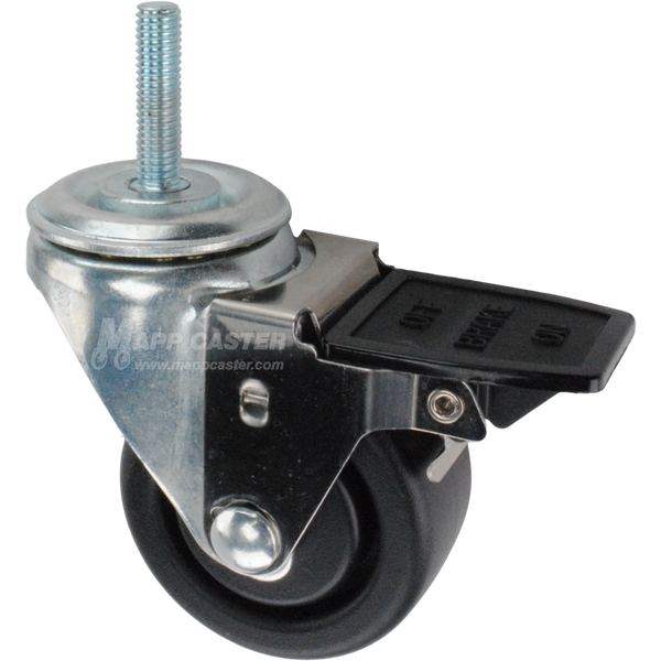 Caster wheel with face contact brake, a 3 inch black plastic wheel and 10mm threaded metal stem