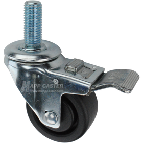 Caster wheel with a total lock brake, a 3 inch black plastic wheel and 1-3/4 inch metal threaded stem