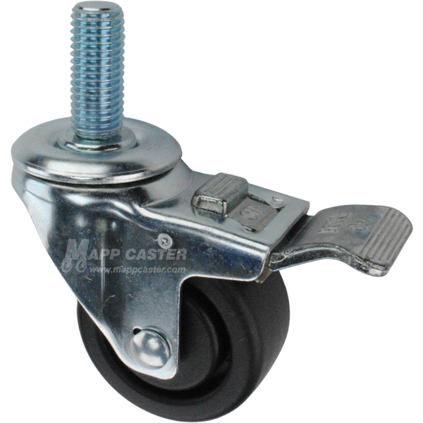 Caster wheel with a total lock brake, a 3 inch black plastic wheel and 1-3/4 inch metal threaded stem