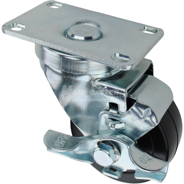 Swivel caster with top lock brake, a 3 inch black hard rubber wheel with ball bearings and O1 metal plate