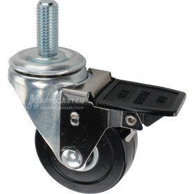 Caster wheel with face contact brake, a 3 inch black hard rubber wheel and 1-3/4 inch metal threaded stem