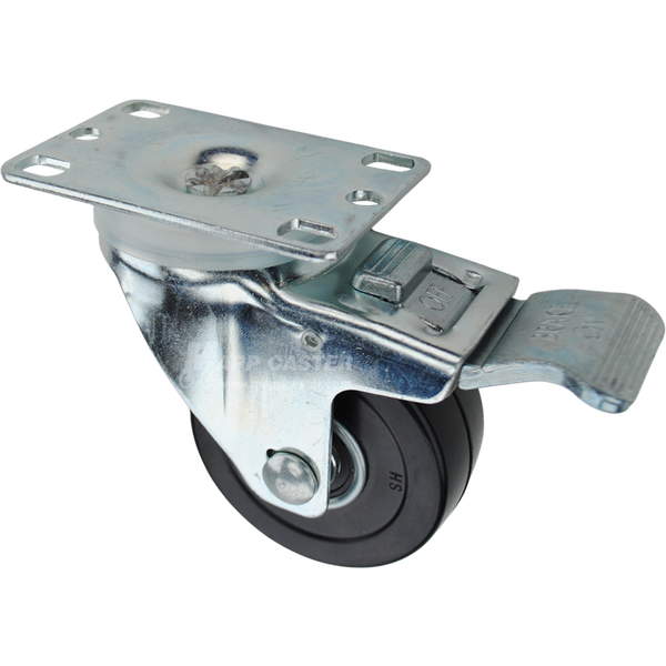 Swivel caster with a total lock brake, a 3 inch black hard rubber wheel with ball bearings and O1 metal plate