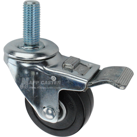 Caster wheel with a total lock brake, a 3 inch black hard rubber wheel and 1-3/4 inch metal threaded stem
