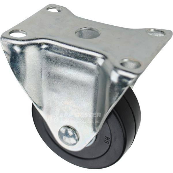 Rigid caster with a 3 inch black hard rubber wheel with ball bearings and O1 mounting plate