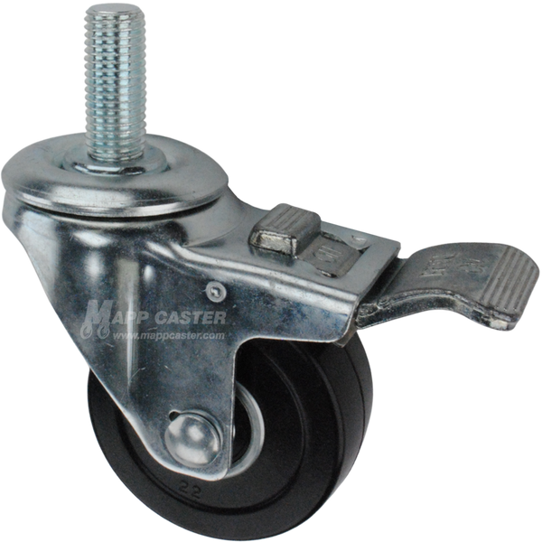 Caster wheel with a total lock brake, a 3 inch black hard rubber wheel and 1-1/2 inch long 16mm metal threaded stem