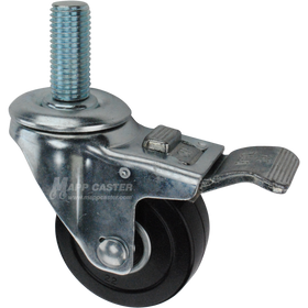 Caster wheel with a total lock brake, a 3 inch black hard rubber wheel and 1-3/4 inch long 20mm metal threaded stem