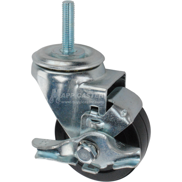Metal caster rubber wheel with a top lock brake and metric threaded stem at the top
