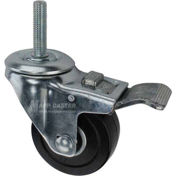 Caster wheel with a total lock brake, a 3 inch black hard rubber wheel and 1-3/4 inch long 12mm metal threaded stem