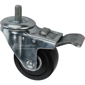 Caster wheel with a total lock brake, a 3 inch black hard rubber wheel and 1 inch metal threaded stem