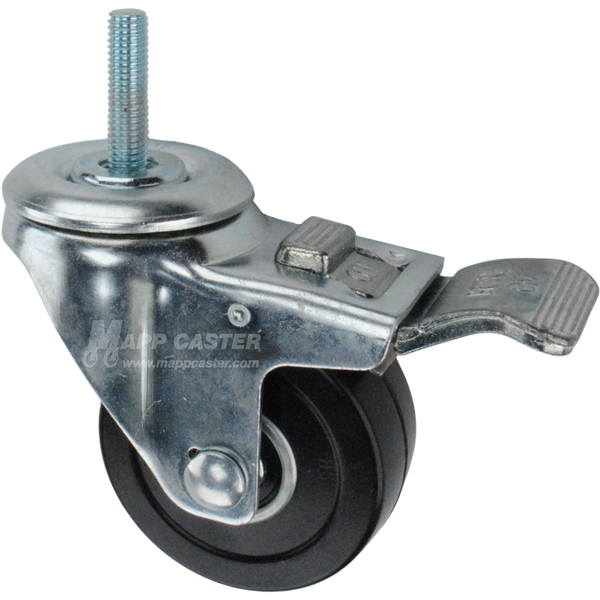 Caster wheel with a total lock brake, a 3 inch black hard rubber wheel and 1-1/2 inch long 10mm metal threaded stem