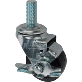 Metal caster rubber wheel with a top lock brake and metric threaded stem at the top