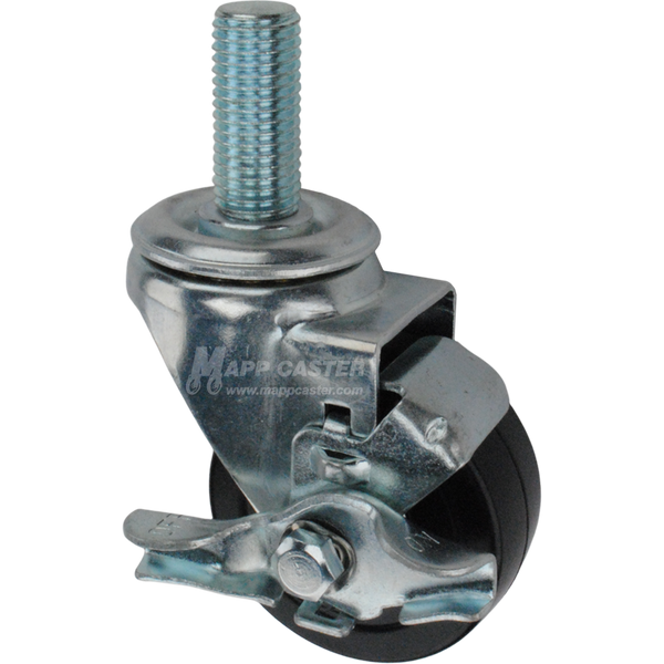 Metal caster rubber wheel with a top lock brake and metric threaded stem at the top
