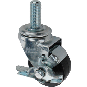 Metal caster rubber wheel with a top lock brake and threaded stem at the top