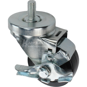 Caster wheel with brake, a black rubber tire and metal stem thread