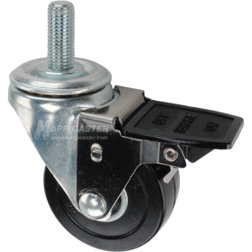 Caster wheel with face contact brake, a 3 inch black hard rubber wheel and 16mm threaded metal stem