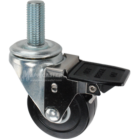 Caster wheel with face contact brake, a 3 inch black hard rubber wheel and 20mm threaded metal stem