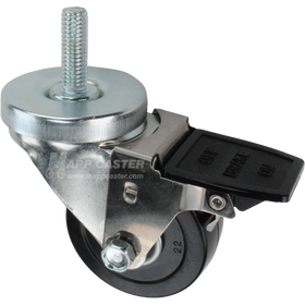 Caster wheel with face contact brake, a 3 inch black hard rubber wheel and 1-1/2 inch metal threaded stem