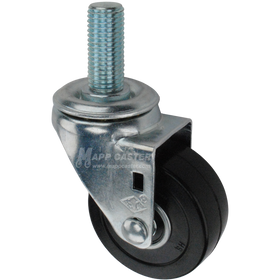 Metal caster rubber wheel with a black rubber tire and metric threaded stem