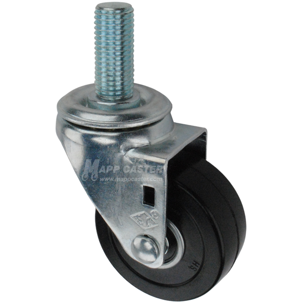 Metal caster rubber wheel with a black rubber tire and metric threaded stem