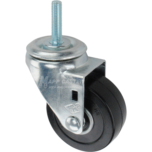 Metal caster rubber wheel with a black rubber tire and metric threaded stem